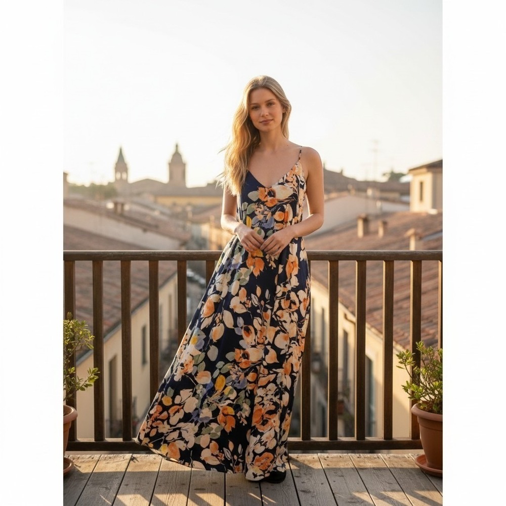 Tahari ASL Floral Racerback Boho Whimsigoth  Maxi Dress with Pockets Navy Blue L